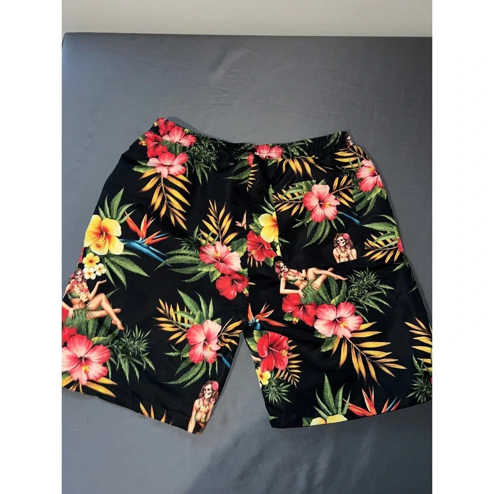 LRG Lifted Research Group Mens Black Tropical Skeleton Hula Girl Board Shorts M
